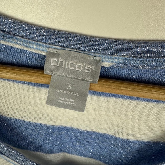 Chicos Striped Tee Size 3 XL Blue Linen V-Neck Relaxed Stretch Comfy Lightweight - Picture 5 of 8